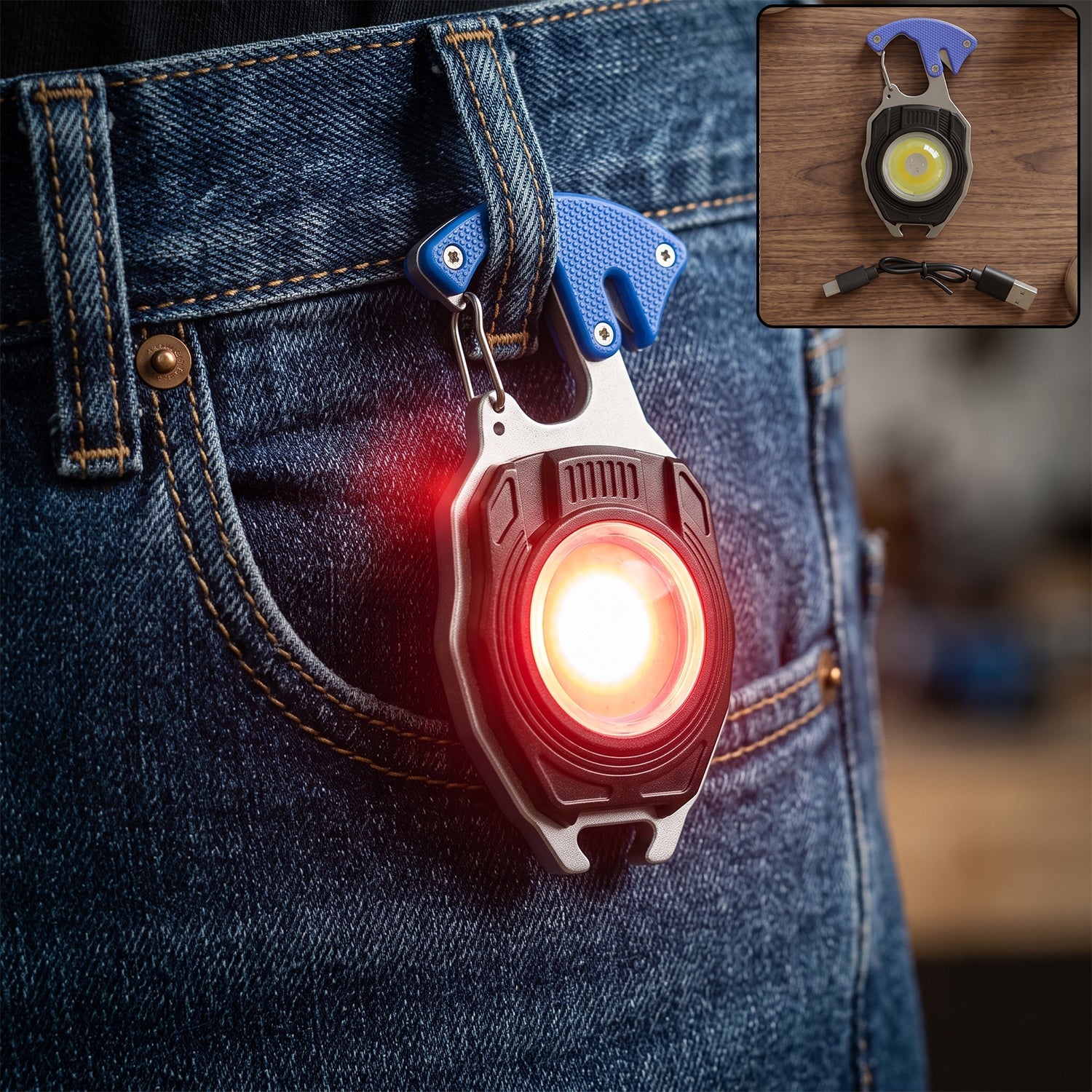 Red keychain mini flashlight with bright LED, clipped to blue denim jeans pocket