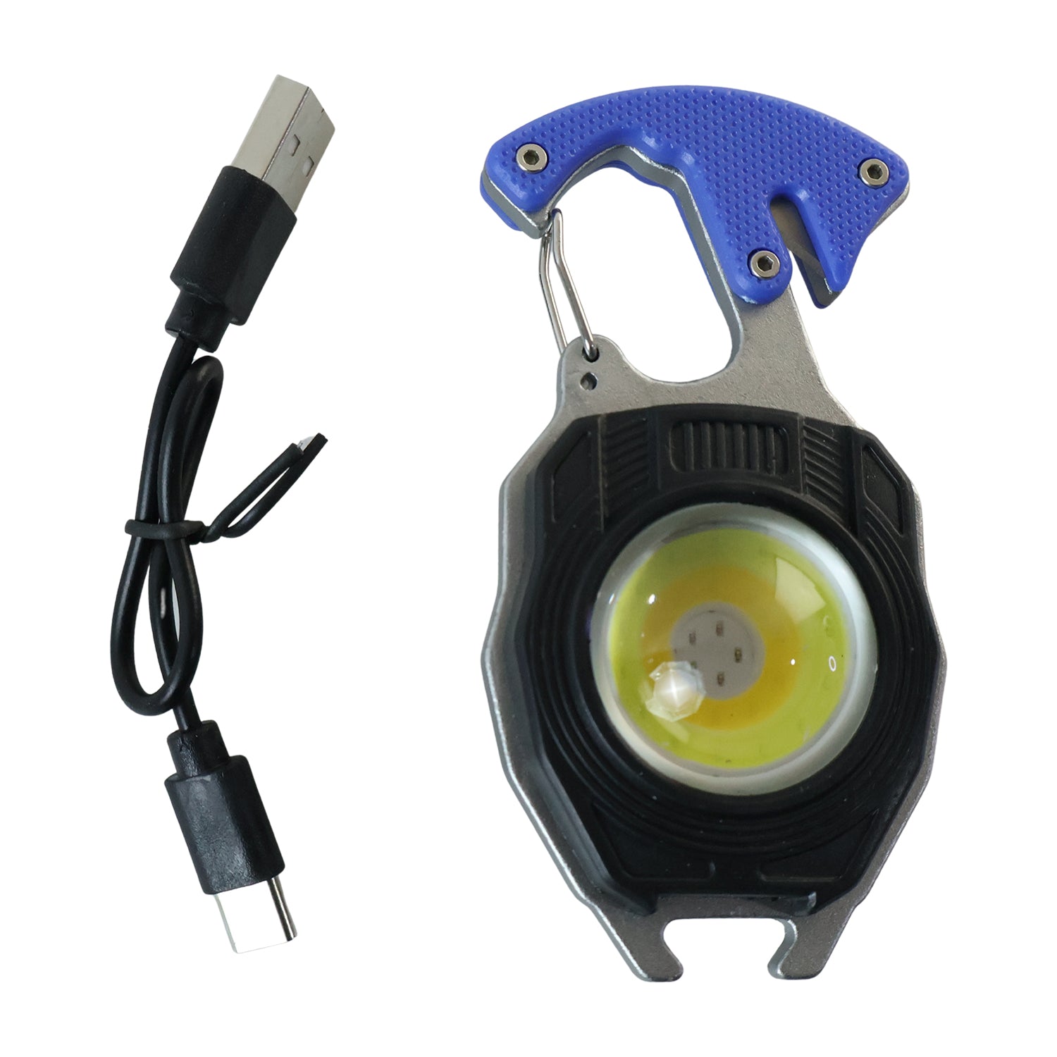 Black keychain mini flashlight with blue grip, round LED lens and charging cable