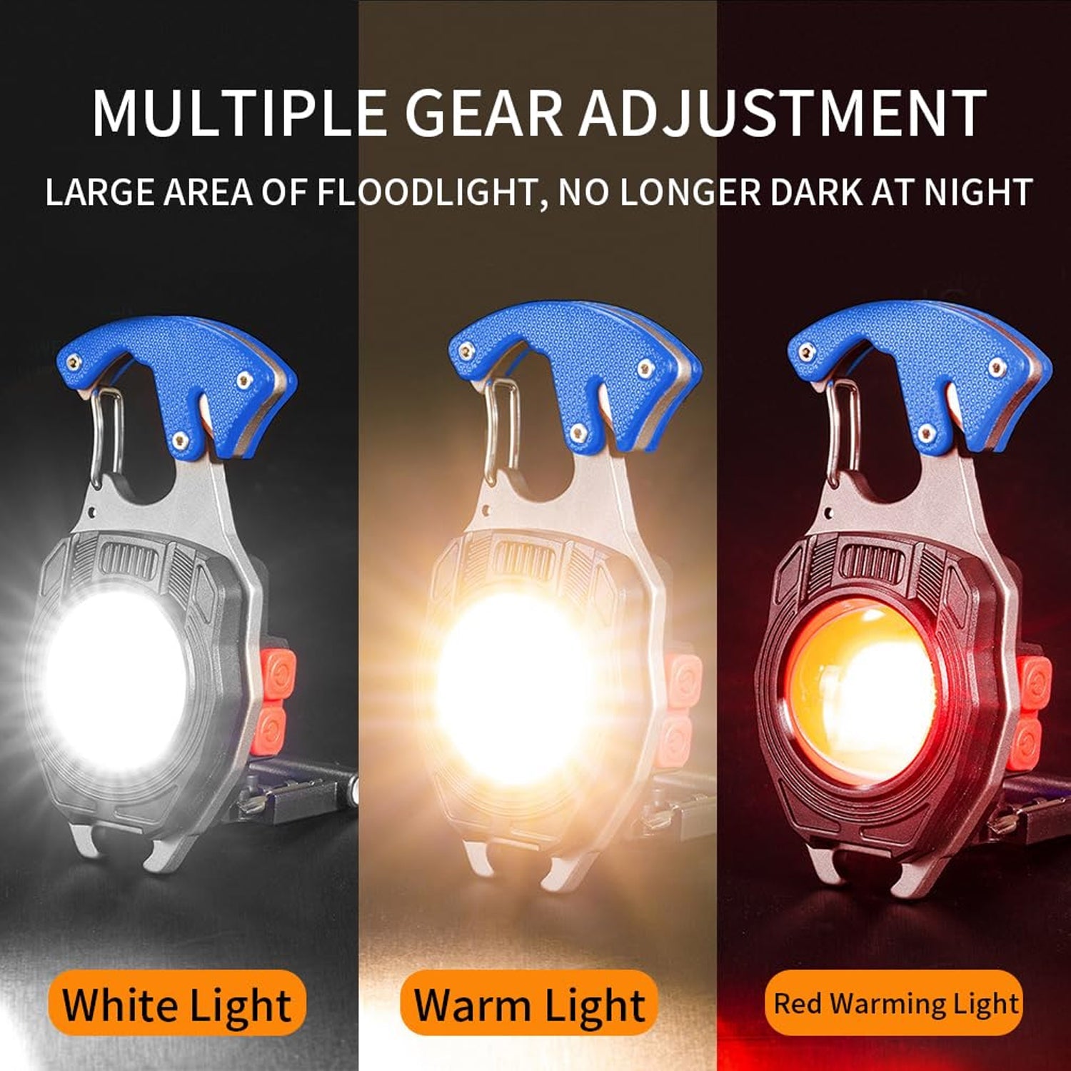 Keychain mini flashlight with blue handle showing bright light in multiple modes