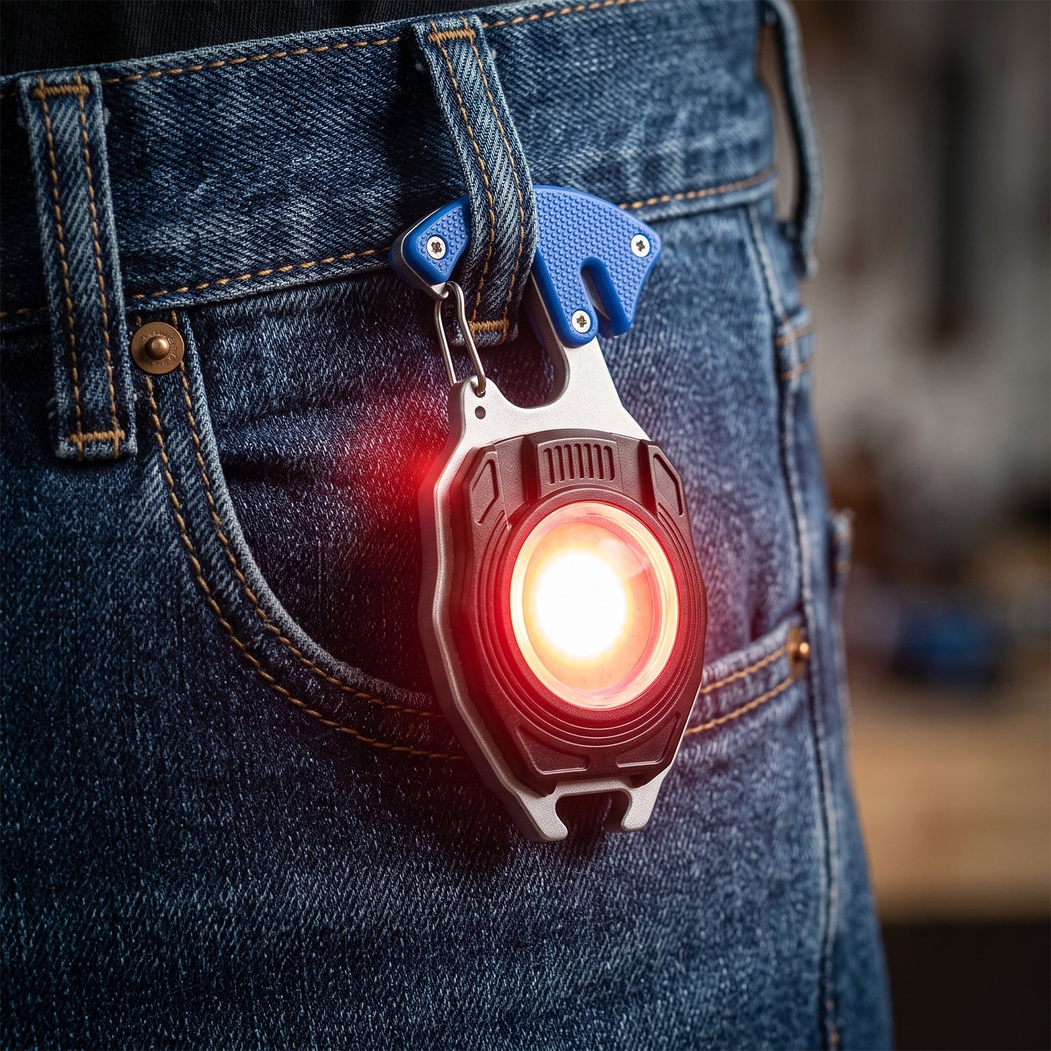 Red keychain mini flashlight with bright LED, clipped on blue denim jeans