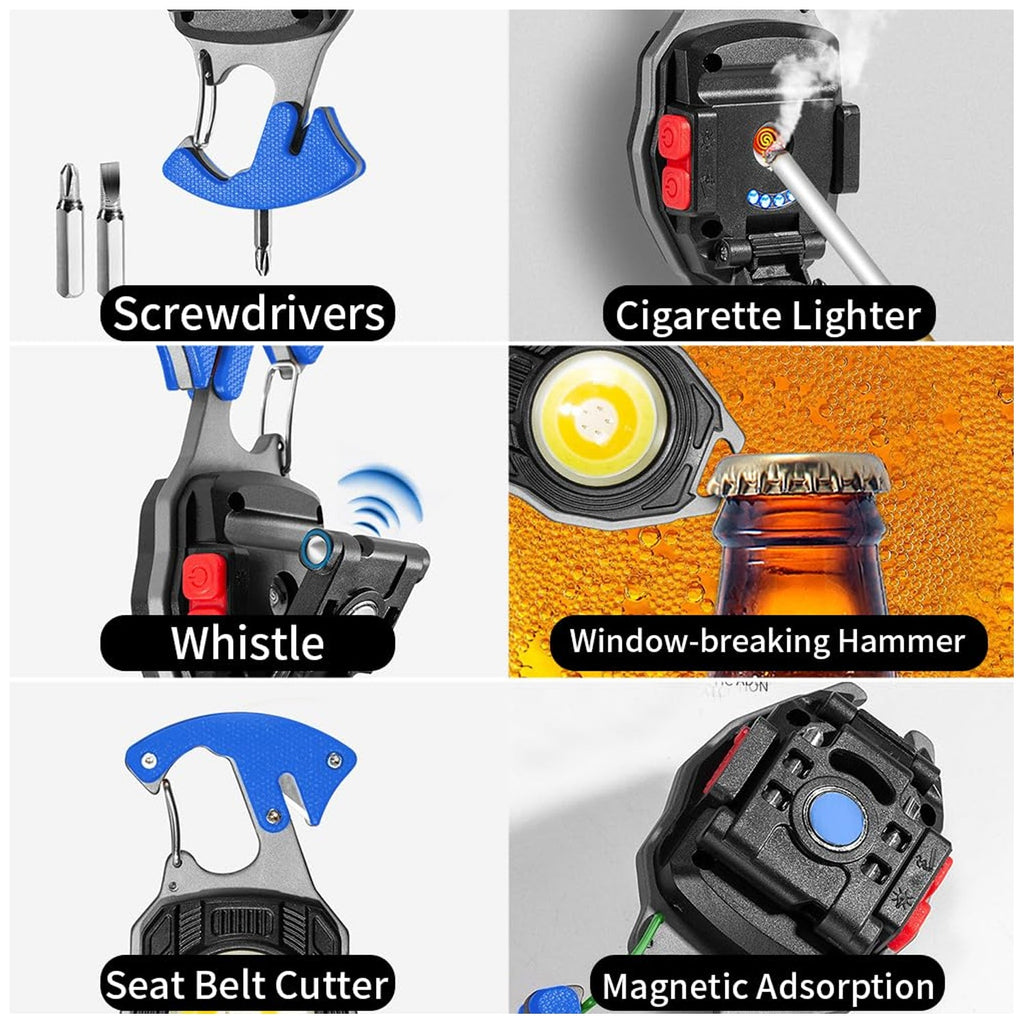 Multifunction keychain mini flashlight with blue handle and tool-like attachment designs