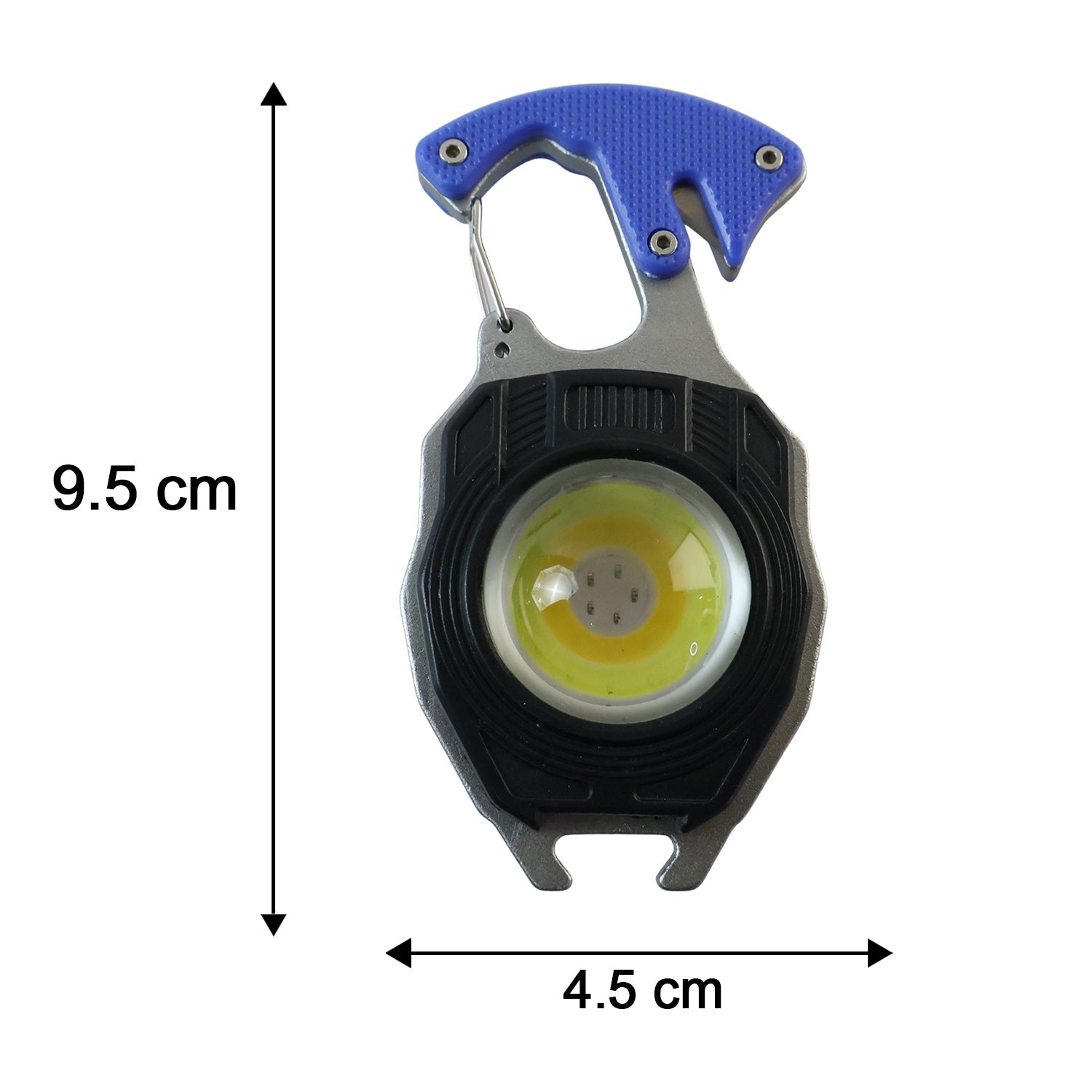 Compact keychain mini flashlight with blue handle and black body, shown with size marks