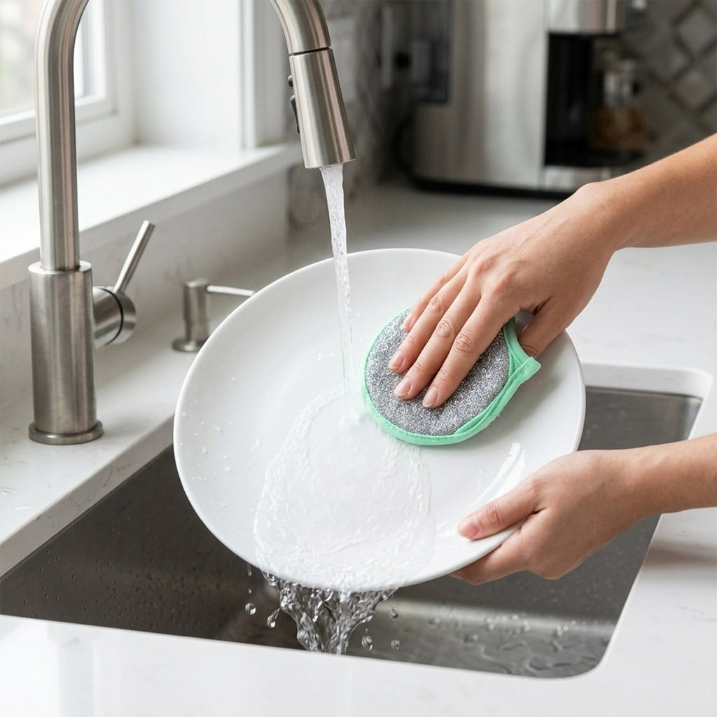 Mint-handled stainless scrub brush cleaning a sink basin under running water