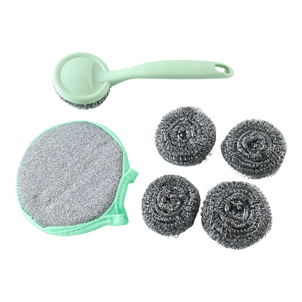 Stainless steel scrubber set with mint handle brush, large pad, and gray metal scrub balls