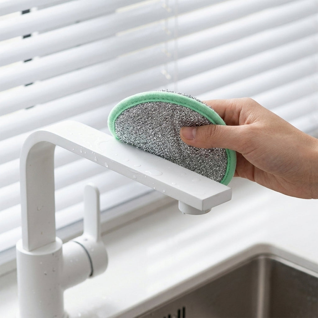 Mint-edged scrub pad brush for kitchen fixtures, held under the faucet