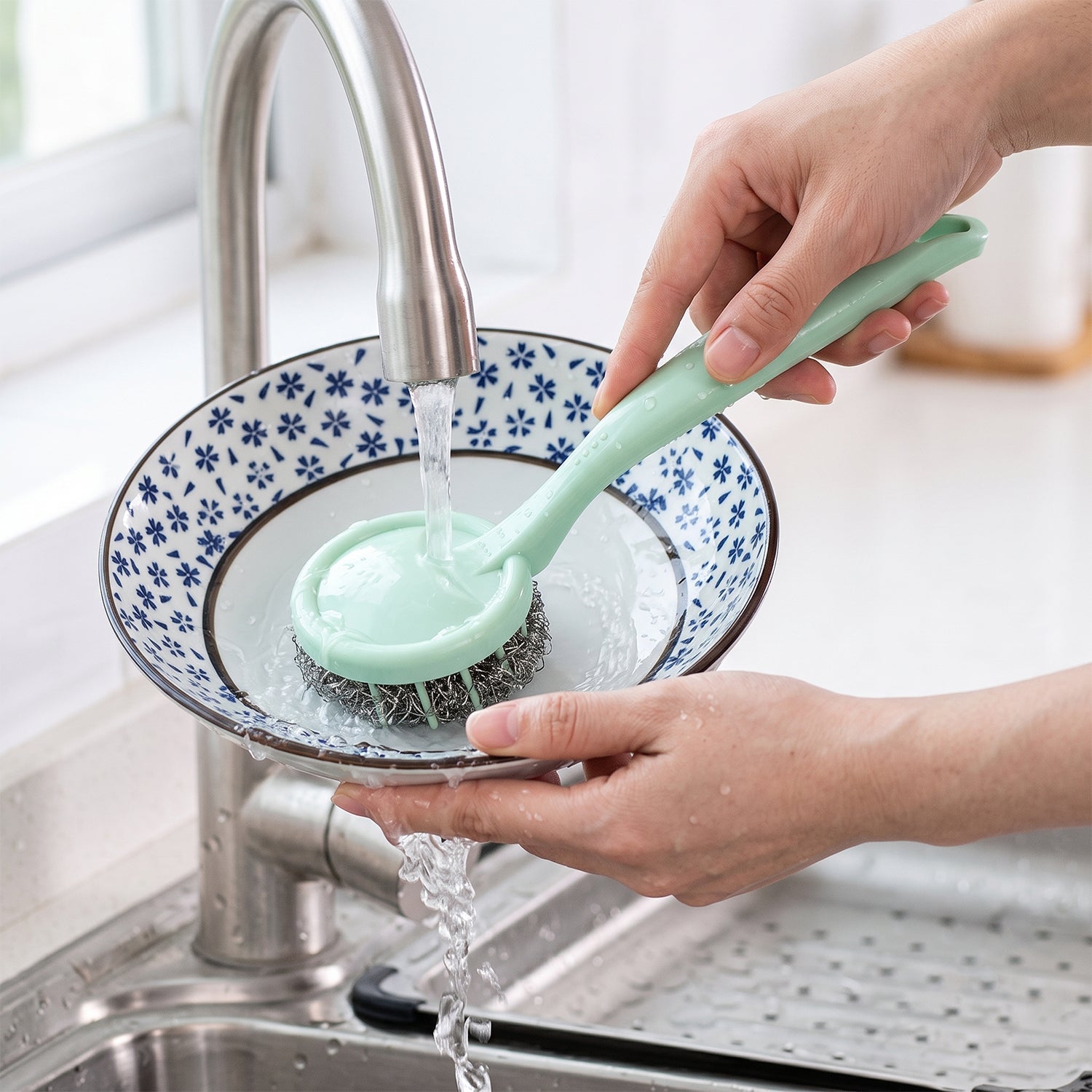 Mint-handled stainless scrub brush with steel pad, rinsed under flowing faucet water