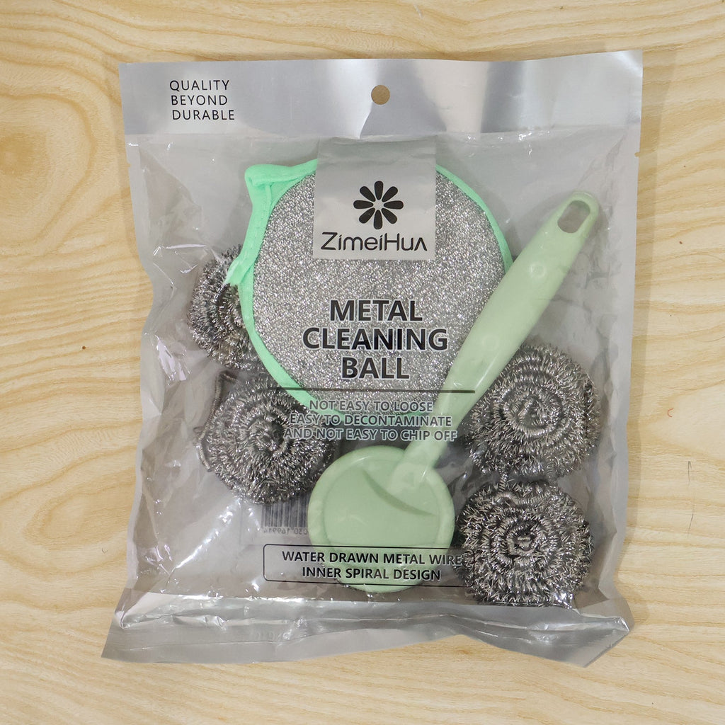 ZimeiHua metal cleaning ball kit in sealed package, mint handle and gray stainless scrubbers