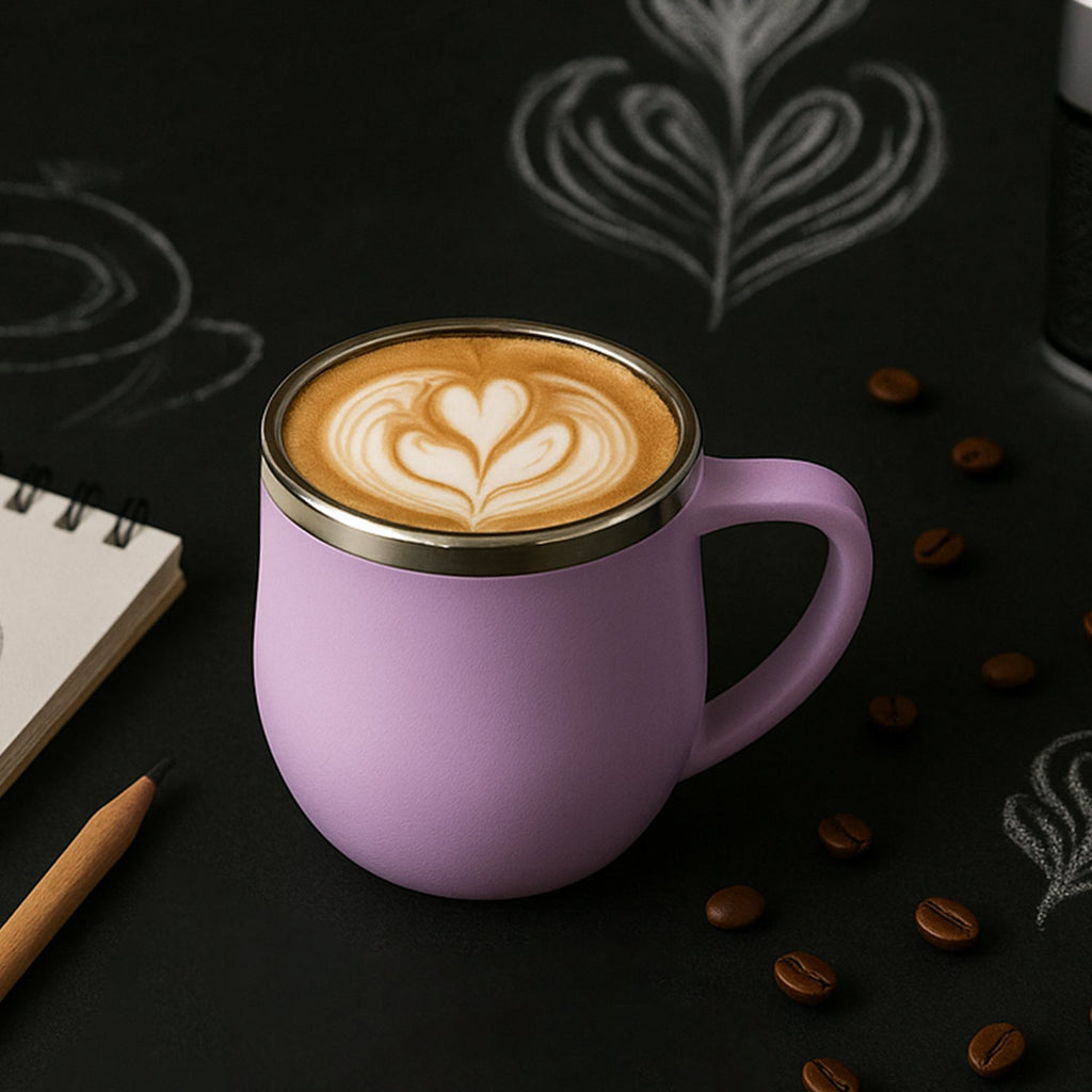 Purple double-wall stainless steel insulated mug with lid