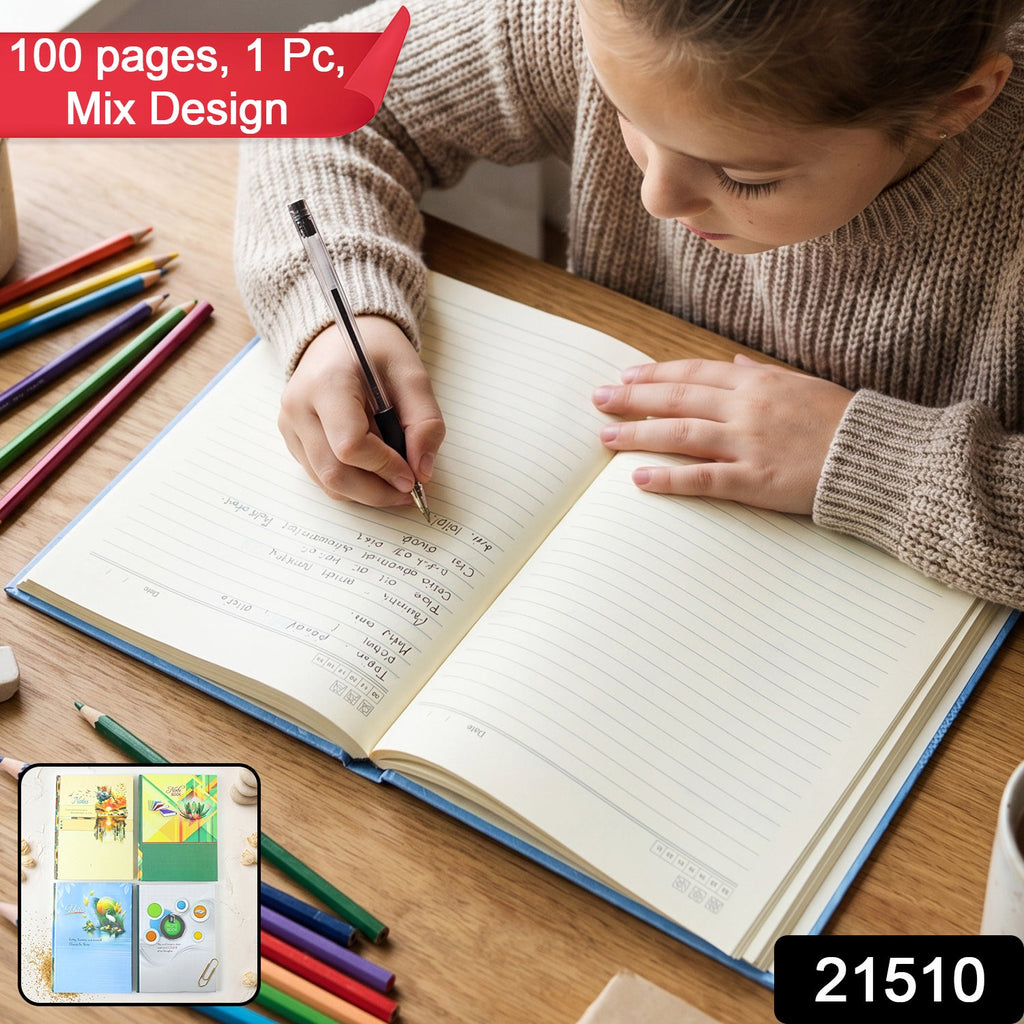 Hardbound ruled diary open showing lined writing pages with blue cover edge