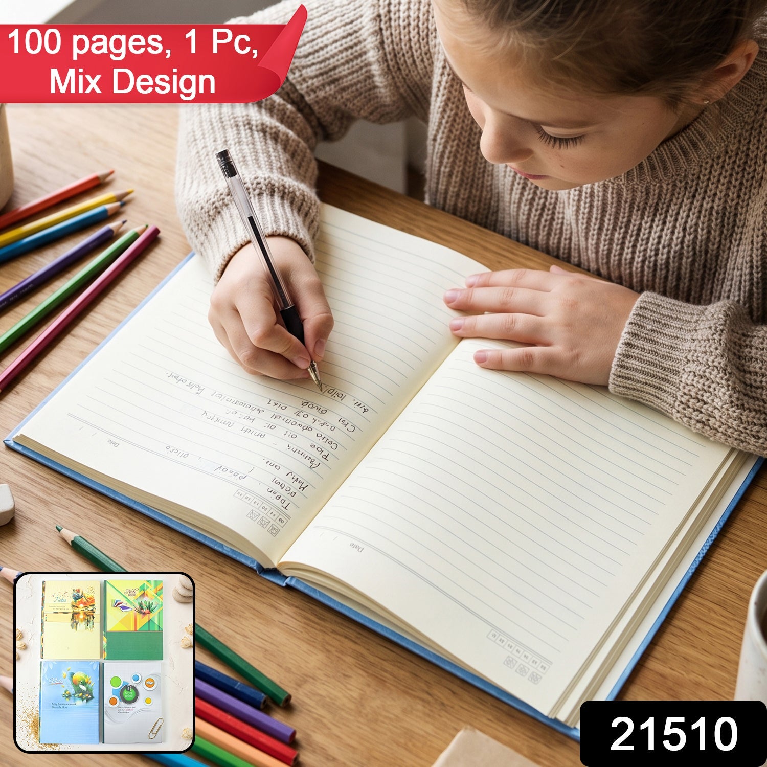 Hardbound ruled diary open showing lined writing pages with blue cover edge
