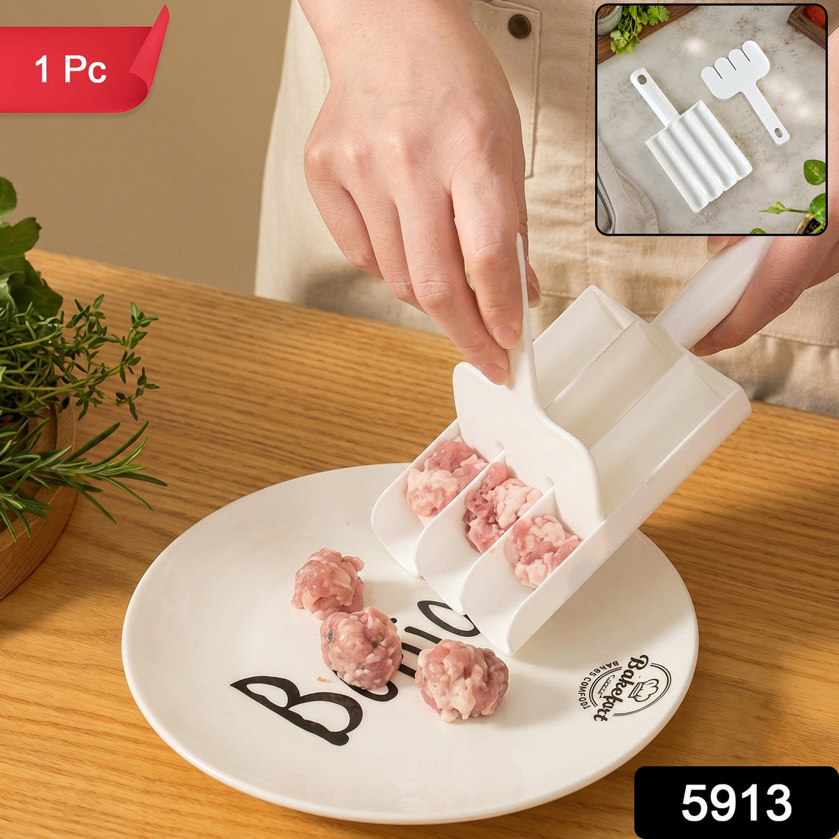 Fritter maker scoop held over plate, white multi-cavity tray and handle (XcelCraft)