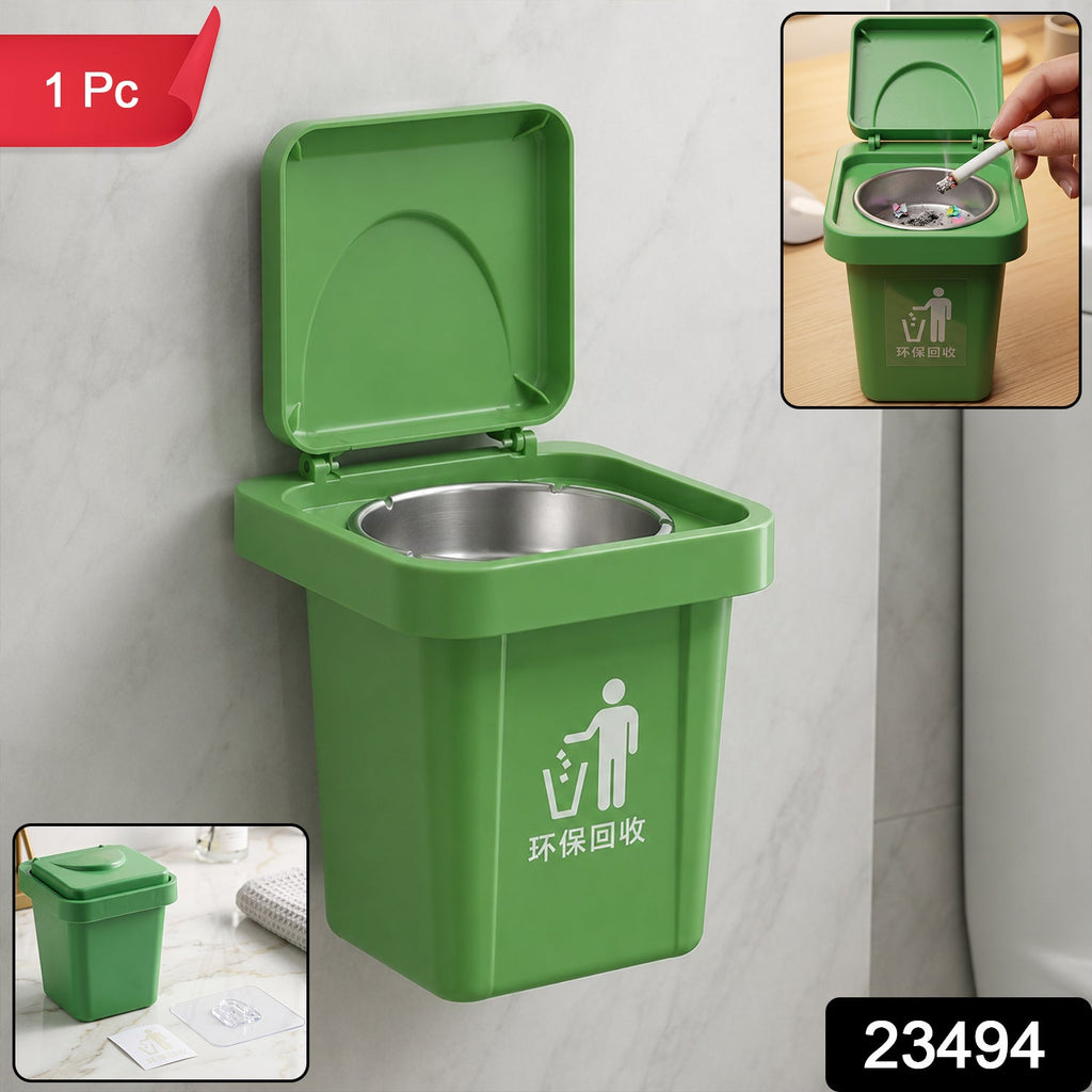 Green wall-mount or tabletop mini dustbin ashtray with flip lid open and metal cup