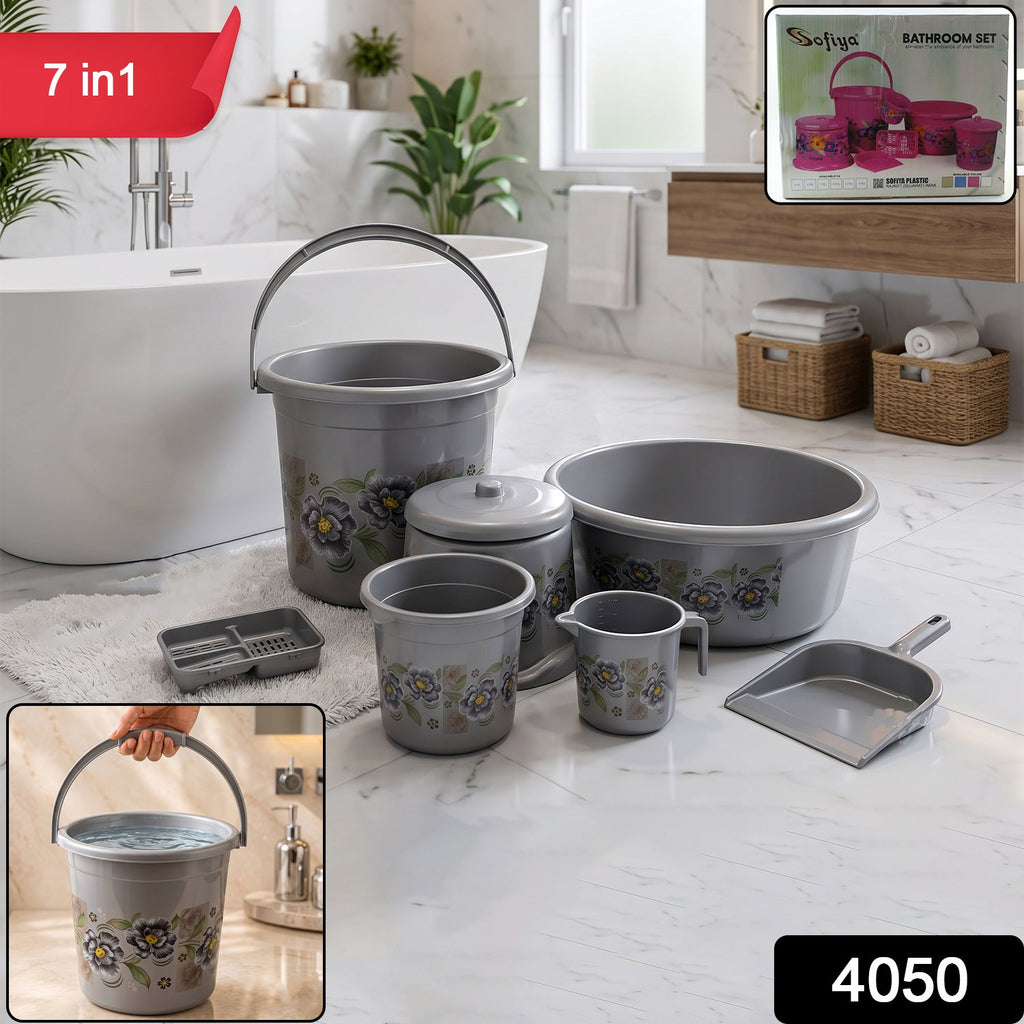 Gray plastic bathroom organizer set with floral buckets, lidded container, cups, and tray