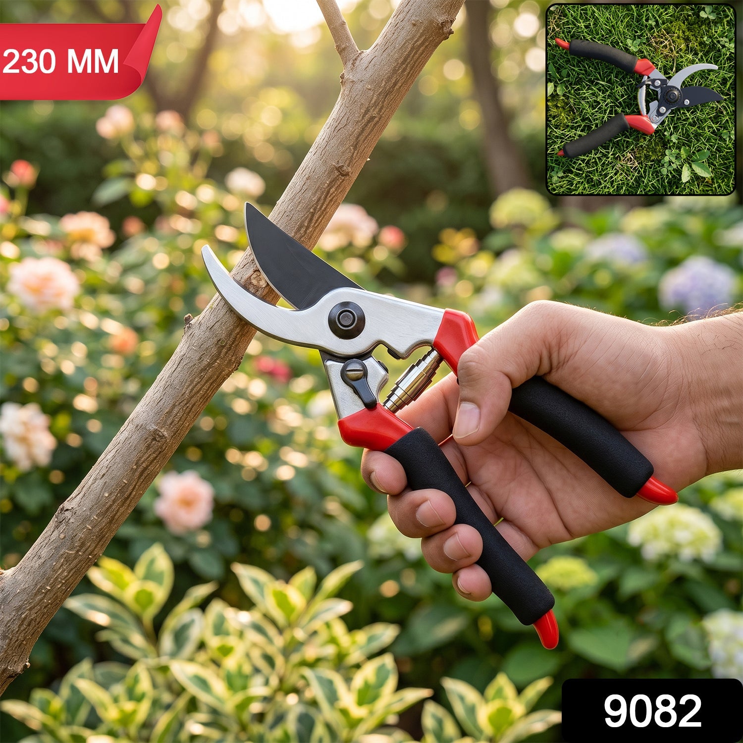 Garden pruning shear with curved steel blade, red grips and black handles, in use on stem