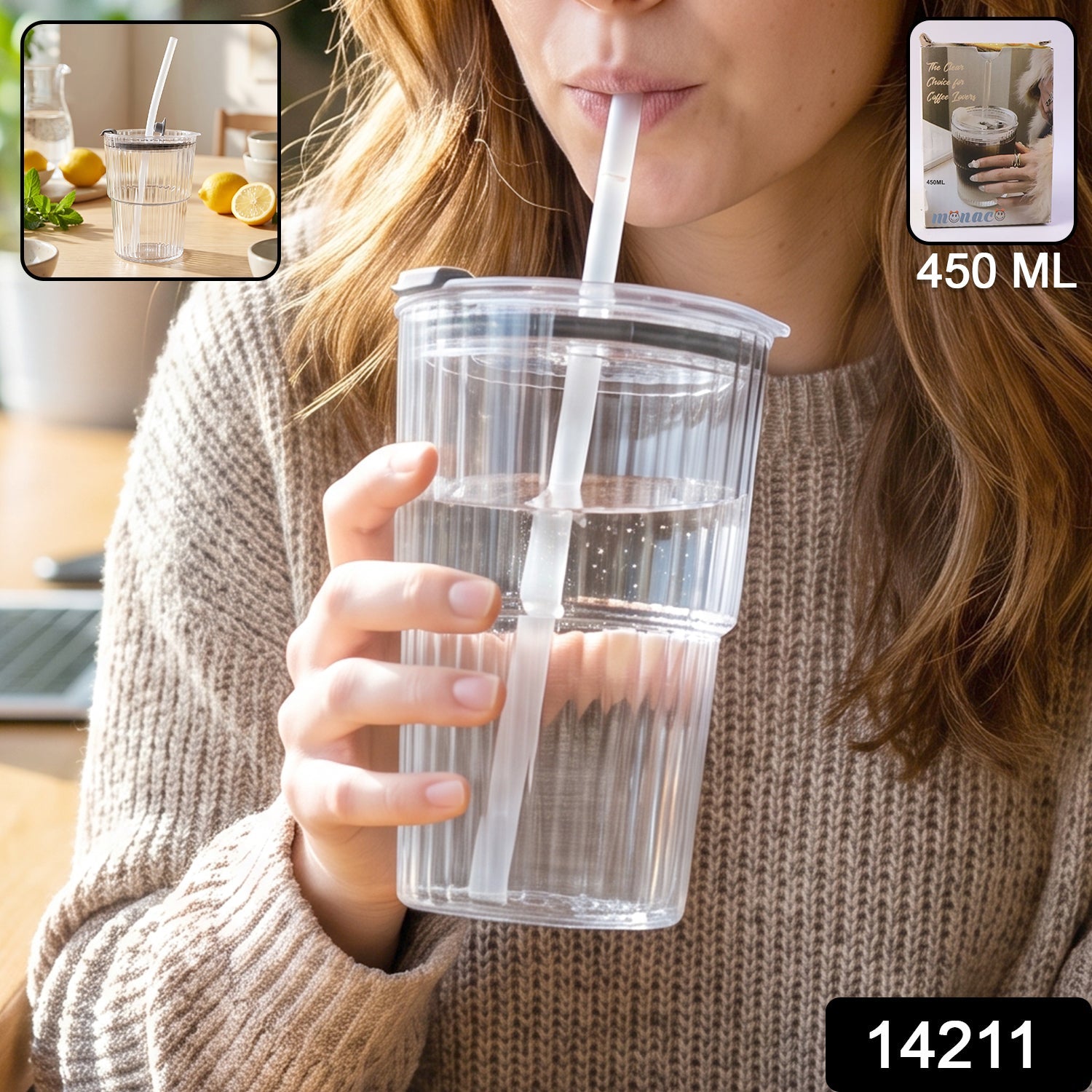 Clear plastic tumbler with snap-on lid and drinking straw, 450ml size