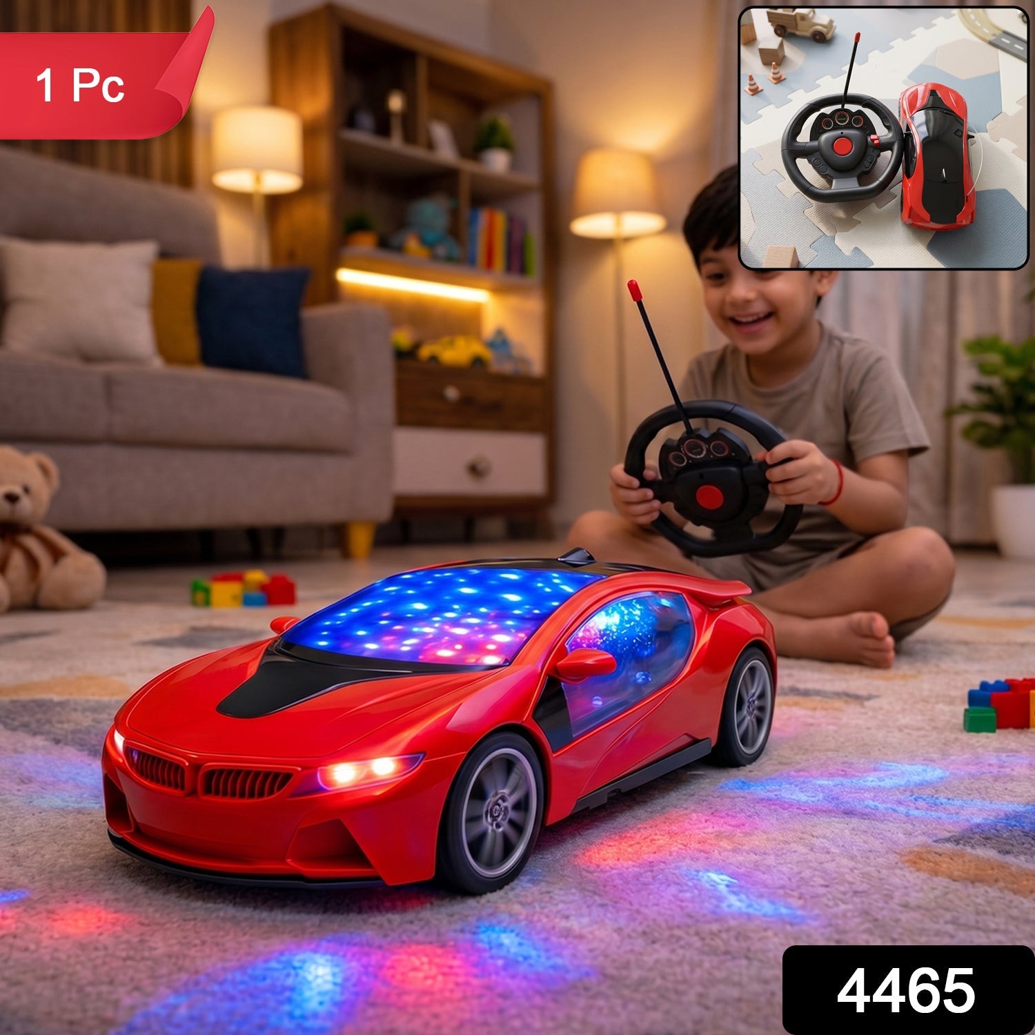 Red remote control racing car with blue LED lights, shown with controller