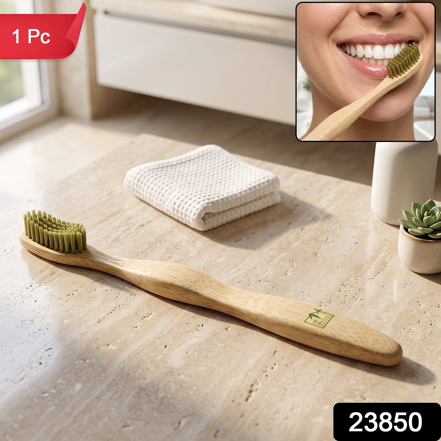 Eco-friendly bamboo toothbrush with soft green bristles on wood handle, 1 pc.