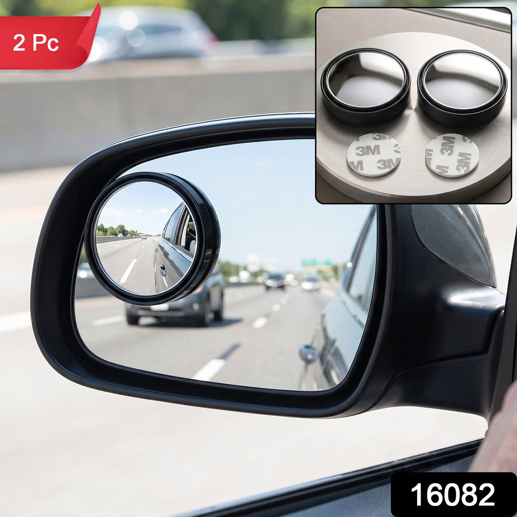 Round wide-angle blind spot car mirror set, black trim, two-piece adhesive backing