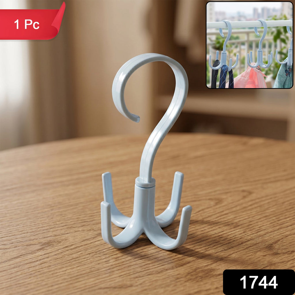 Light blue rotating hook hanger with three garment hooks and curved loop handle