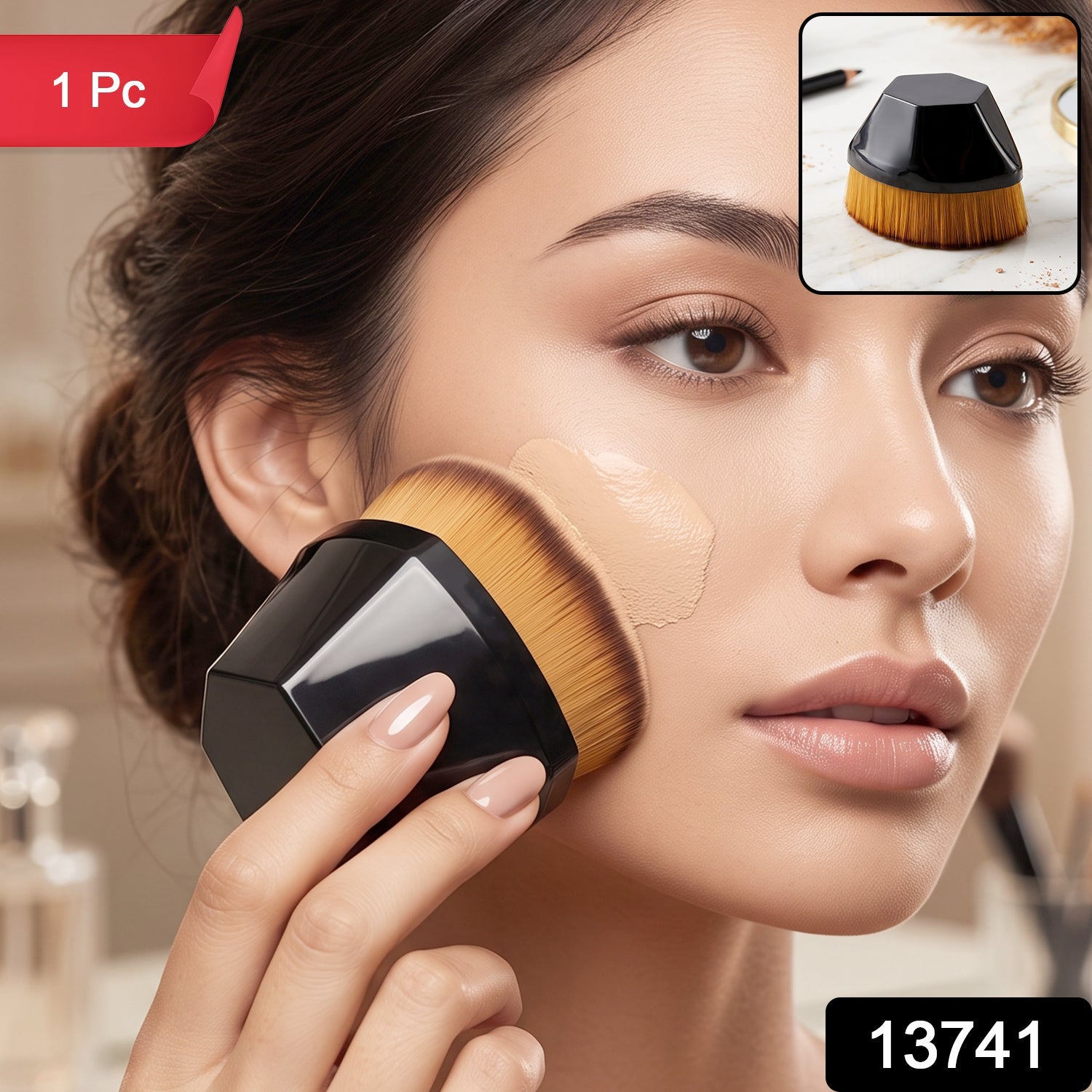 Foundation makeup brush with golden bristles and black hex handle, applying foundation