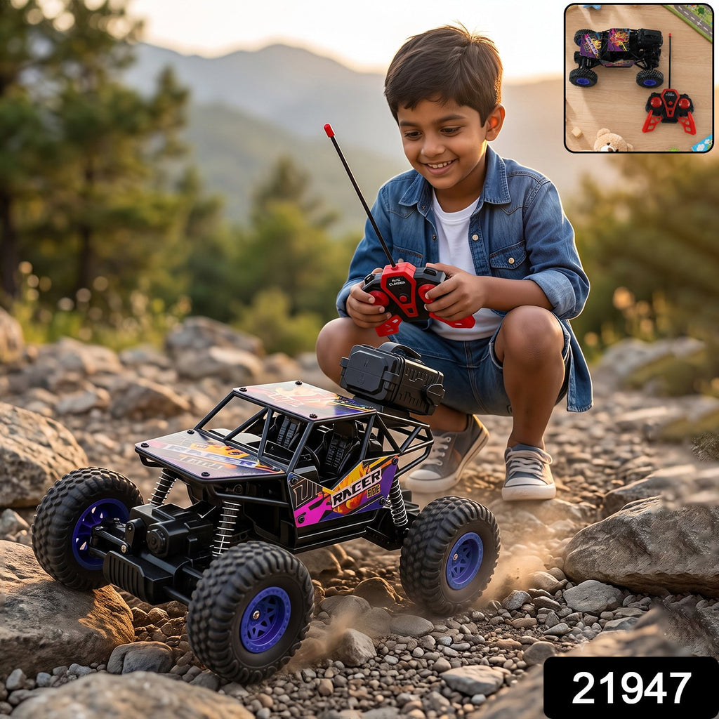 Rock crawler toy truck with blue wheel hubs and purple decal; red controller held by hands.