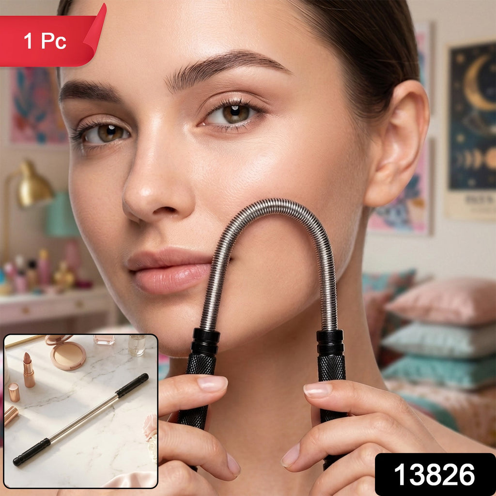 U-shaped spring facial epilator with black handles, held near the face