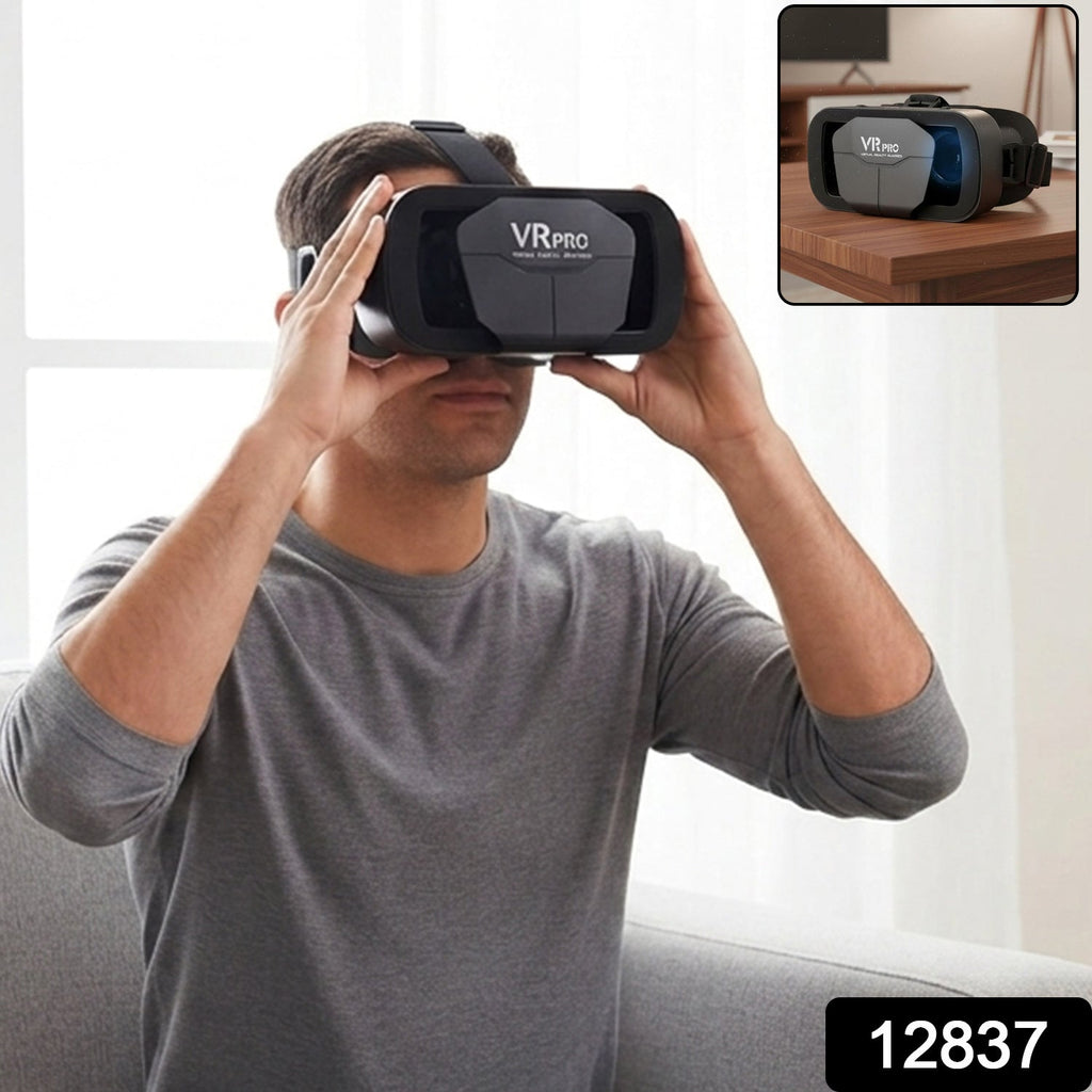 Black VR Pro VR headset with adjustable lenses on a person’s face, visor closed