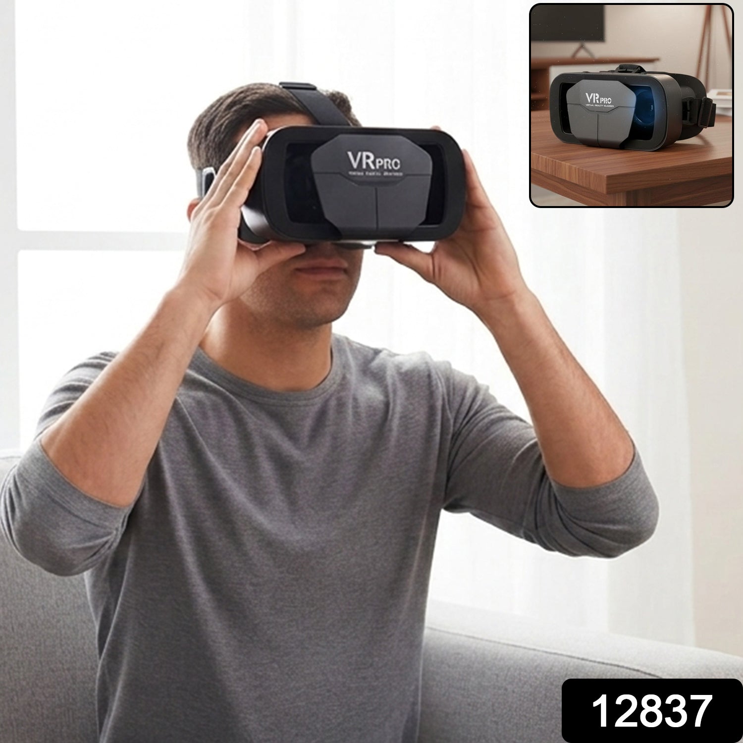 Black VR Pro VR headset with adjustable lenses on a person’s face, visor closed